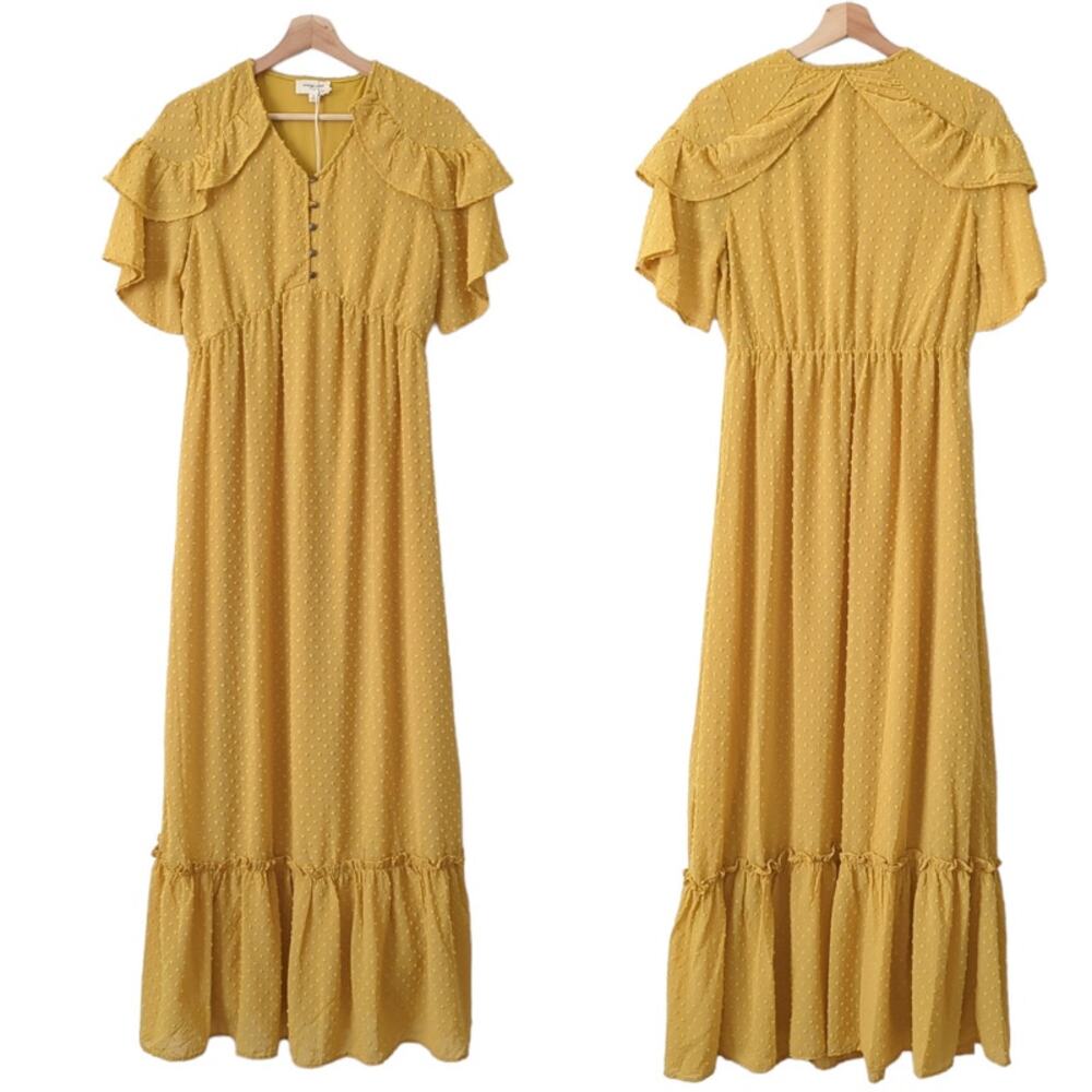 NWT Orange Creek LA Women's Dress Maxi Yellow‎ Cottage Prairie Swiss Dot Small S